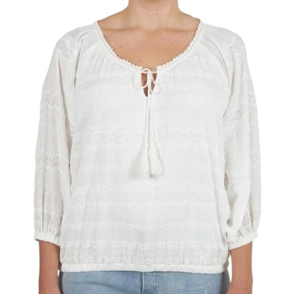 Skye's the Limit White Crinkled Stretch Lace Peasant Tassel Blouse Top Size 1X - Picture 1 of 12